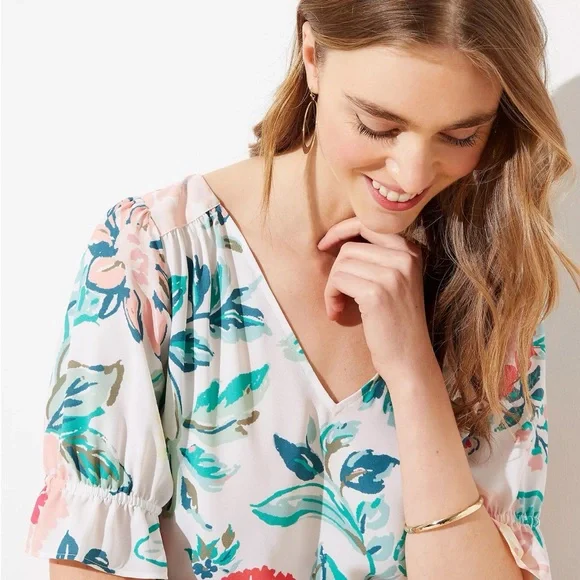 LOFT Floral Flutter V-Neck Top - Picture 3 of 6